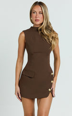 Langley Mini Dress - Sleeveless High Neck Faux Wrap Tulip Dress in Brown