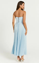 Loretta Midi Dress Lace Up Back Bustier Pleated Dress in Light Blue