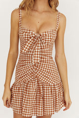 Rachelle Tied Bust Ruched Mini Dress Spotted Tan Check
